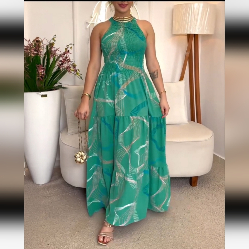 Green Halter Maxi Dress with Wave Print